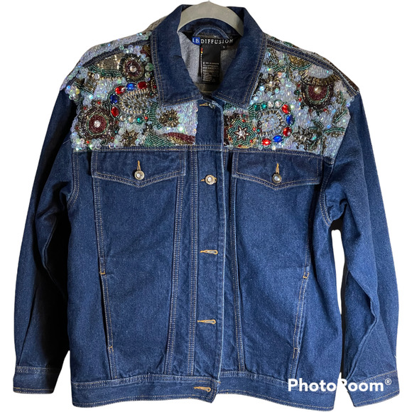 Vintage 90's Sequin I.B. Diffusion" Trucker Style" Jean Jacket sz8 - Picture 1 of 3